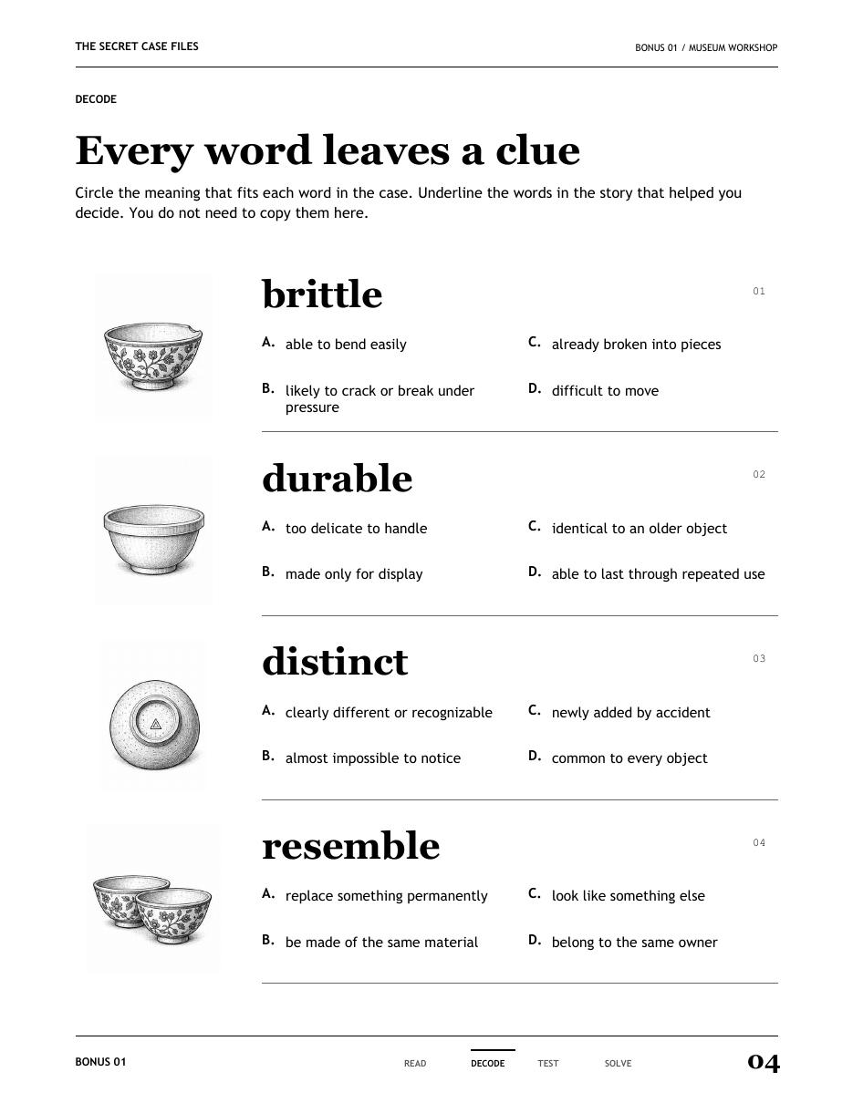 Bonus vocabulary page, with four words, illustrated objects and meaning choices.